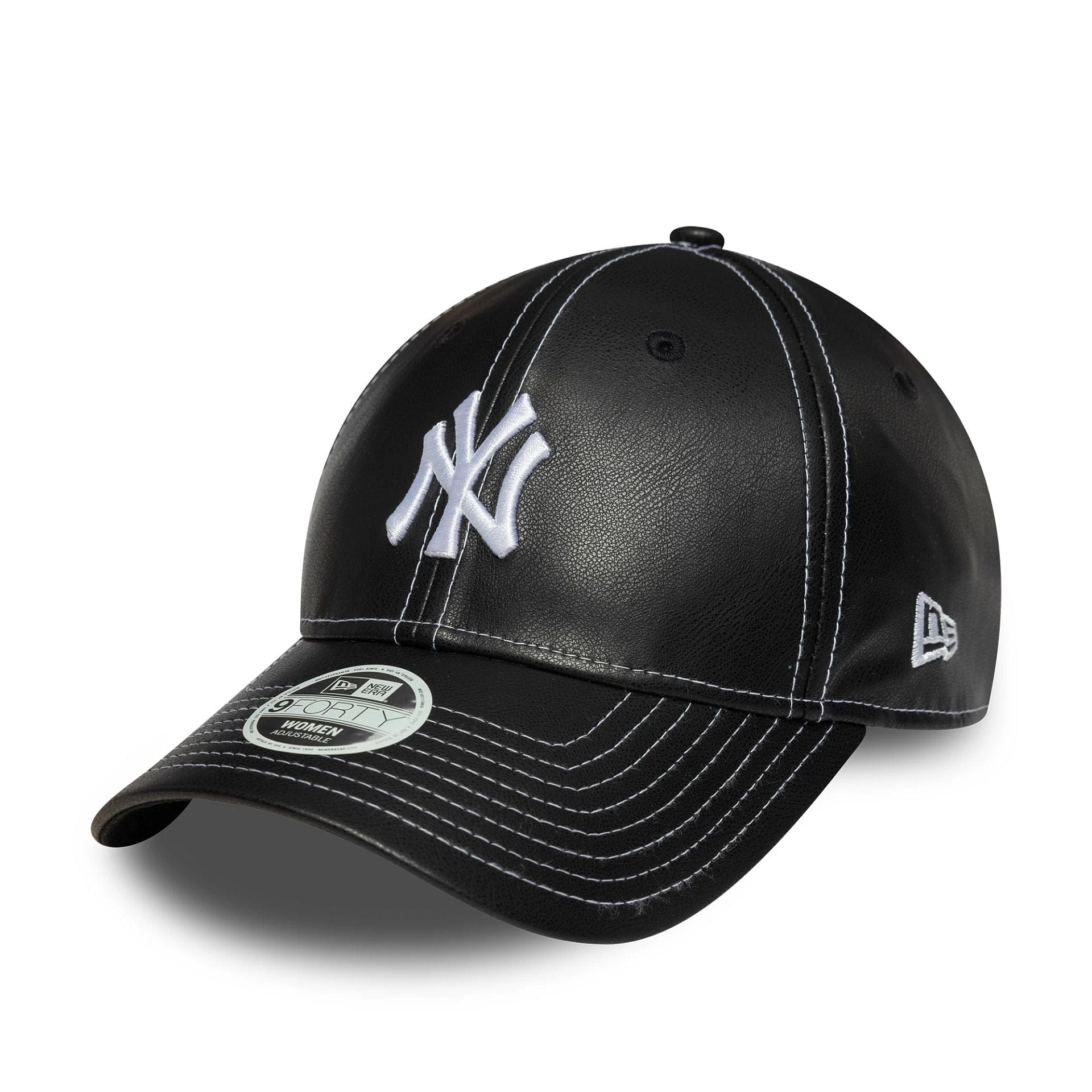 This is a New York Yankees Womens MLB Topstitch PU Black 9FORTY Adjustable Cap 1