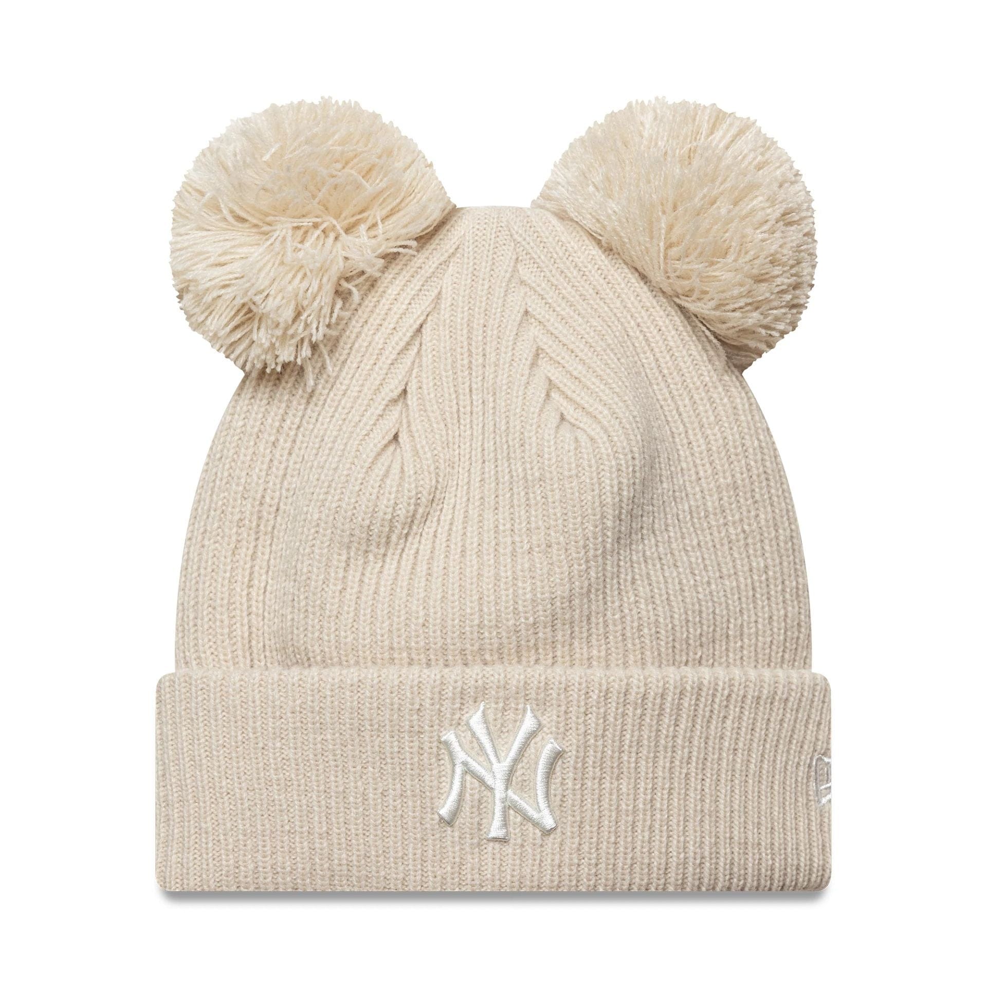 This is a New York Yankees Womens MLB Double Pom Light Beige Cuff Knit Beanie Hat 1