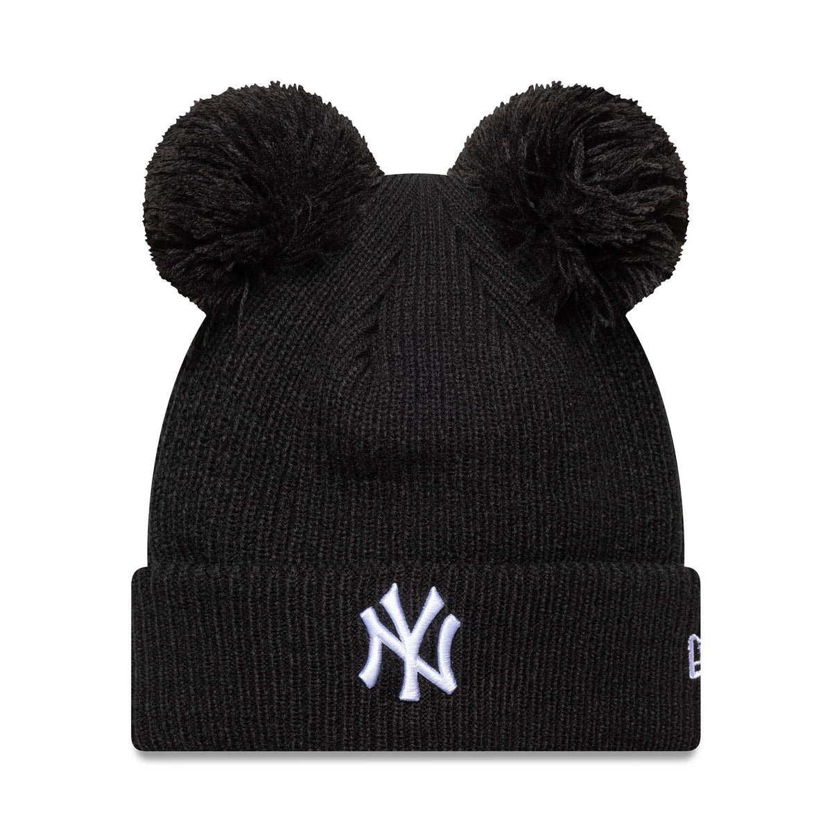 New Era New York Yankees Womens MLB Double Pom Black Cuff Knit Beanie Hat, front view showing the white embroidered NY logo on the centre of the cuff with two large black pom-poms on the top and a New Era flag logo on the left side.