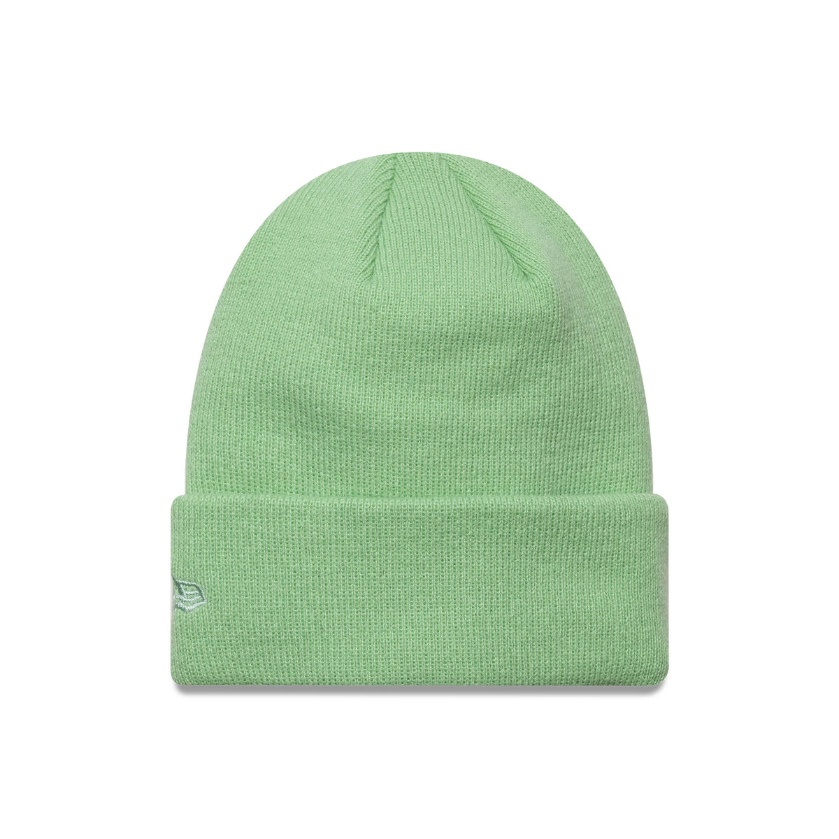 New Era New York Yankees Youth MLB League Essential Pastel Green Cuff Knit Beanie Hat, front view showing the New Era flag logo embroidered on the left side of the cuff on the pastel green beanie.