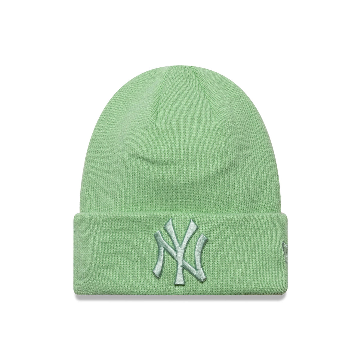 New Era New York Yankees Youth MLB League Essential Pastel Green Cuff Knit Beanie Hat, front view showing the raised pastel green embroidered NY logo on the cuff and detailed knit pattern on the crown.