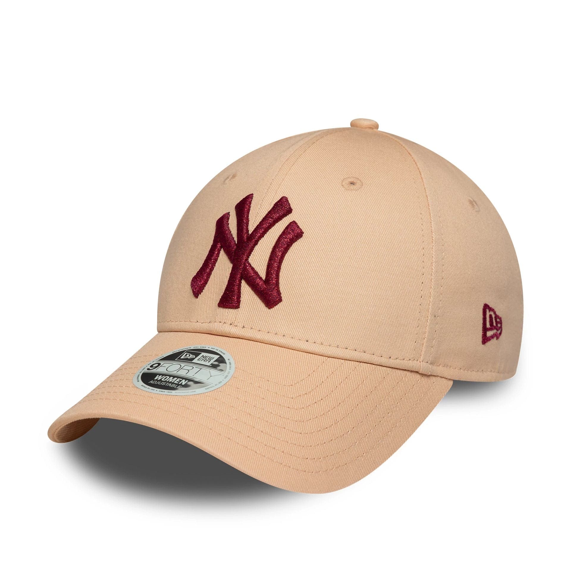 This is a New York Yankees Womens MLB Metallic Logo Pastel Pink 9FORTY Adjustable Cap 1