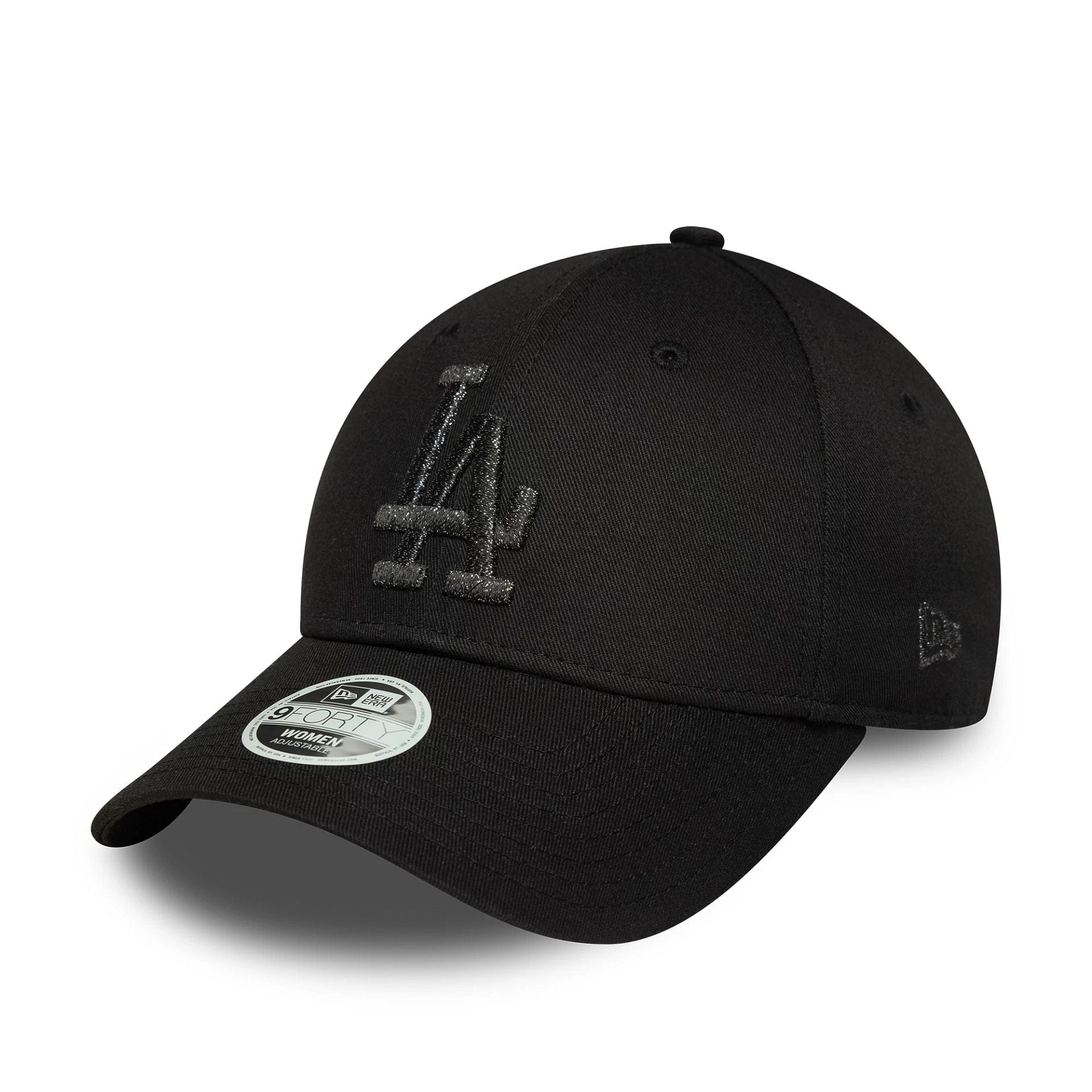 This is a LA Dodgers Womens MLB Metallic Logo Black 9FORTY Adjustable Cap 1