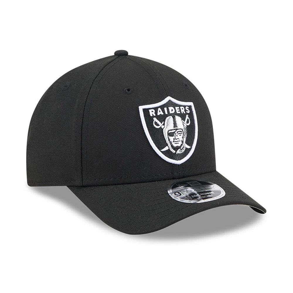 Las Vegas Raiders NFL Team Black New Era 9FORTY M-Crown Cap, three-quarter view showing the white embroidered Raiders logo on the front panel, curved black visor and 9FORTY size sticker on top of the visor.