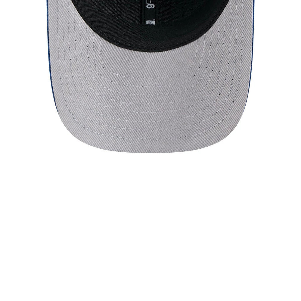 Indianapolis Colts NFL Team Blue New Era 9FORTY M-Crown Cap, inside view showing the grey undervisor, black sweatband and taping, with a visible 9FORTY size sticker underneath the visor.