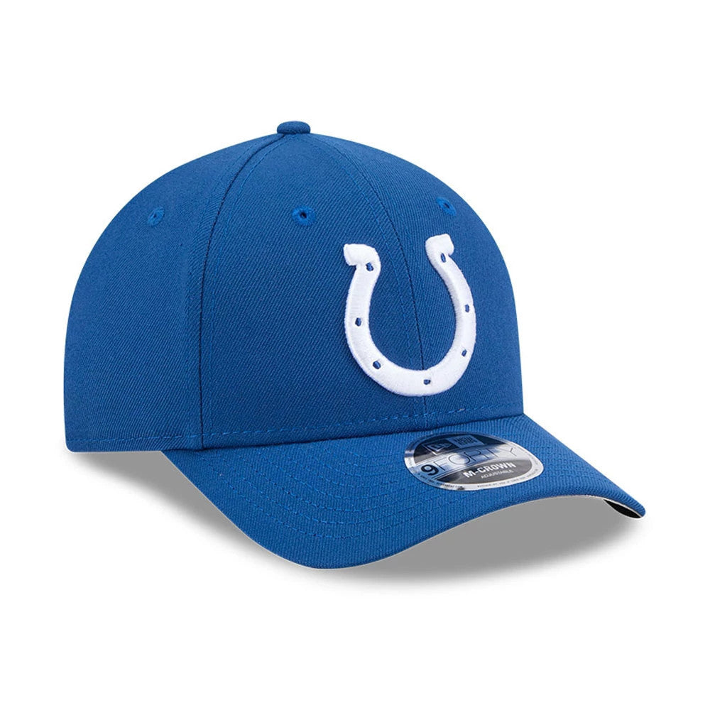 Indianapolis Colts NFL Team Blue New Era 9FORTY M-Crown Cap, front view showing a raised embroidered white horseshoe logo on the structured blue crown, with a curved visor and 9FORTY size sticker.