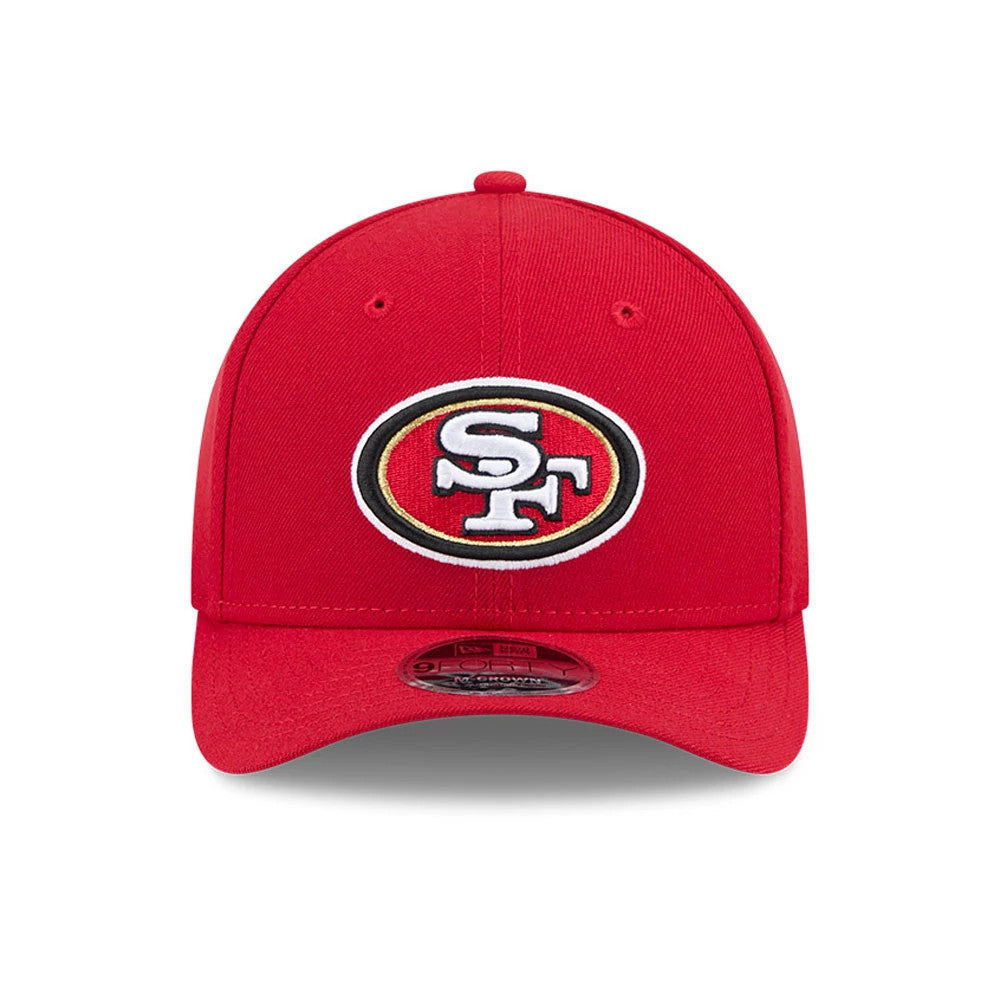 San Francisco 49ers NFL Team Red New Era 9FORTY M-Crown Cap, front view showing the raised embroidered SF logo on the red front panel with a curved visor and a 9FORTY size sticker on top.