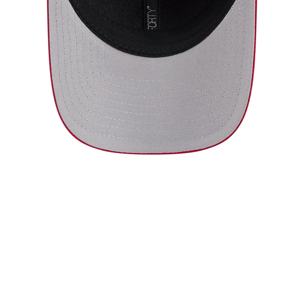 San Francisco 49ers NFL Team Red New Era 9FORTY M-Crown Cap, inside view showing a black sweatband with white 9FORTY text, grey undervisor, and contrasting red stitching along the edge of the visor.