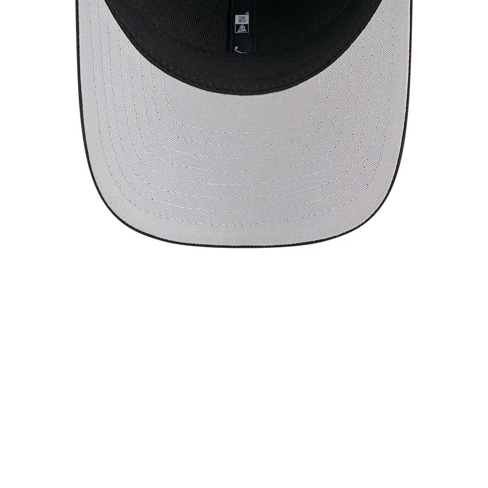 Baltimore Ravens NFL Team Black New Era 9FORTY M-Crown Cap, inside view showing a black sweatband and grey undervisor with a central taping strip, also displaying a small inside label near the top.