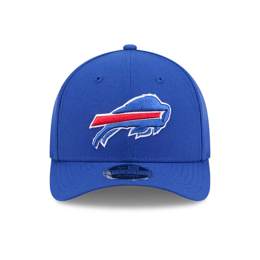 Buffalo Bills NFL Team Blue New Era 9FORTY M-Crown Cap, front view showing the raised embroidered Bills logo in red and white on the front panel, with a 9FORTY size sticker on the blue visor.
