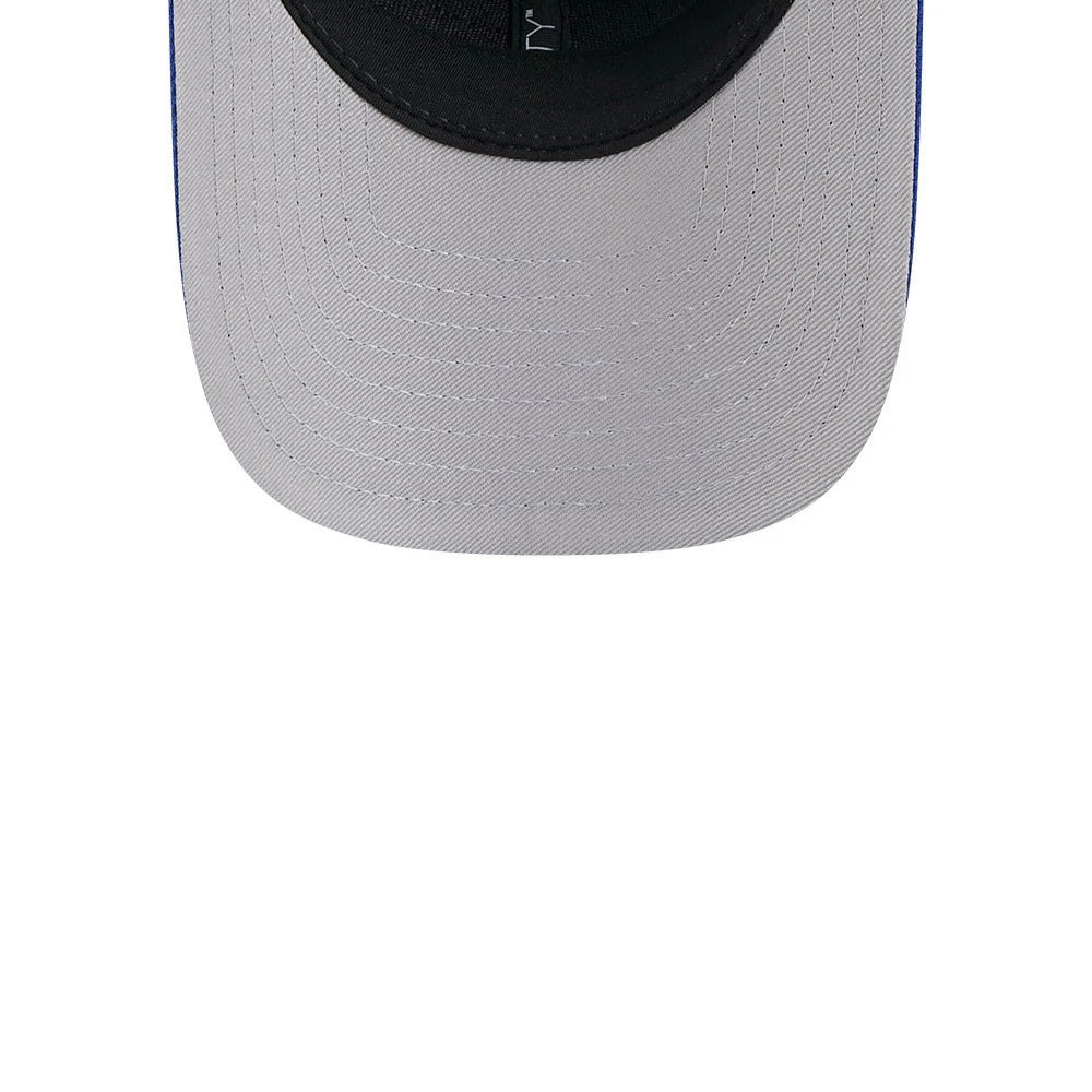 Buffalo Bills NFL Team Blue New Era 9FORTY M-Crown Cap, inside view showing the black sweatband and taping, with a grey undervisor contrasting the blue crown and matching the curved visor design.