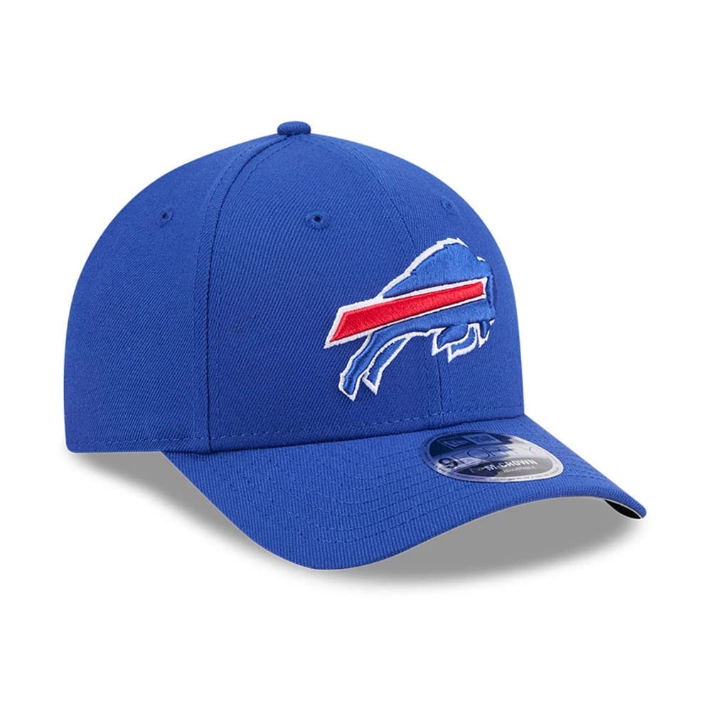 Buffalo Bills NFL Team Blue New Era 9FORTY M-Crown Cap, three-quarter view showing the raised red, white, and blue Buffalo Bills logo embroidered on the front panel, with a curved visor and 9FORTY size sticker on top.