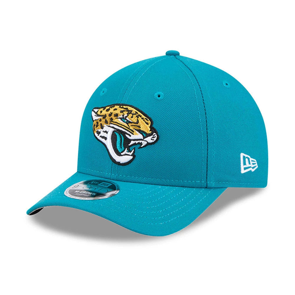 Jacksonville Jaguars NFL Team Turquoise New Era 9FORTY M-Crown Cap, three-quarter view showing the jaguar logo in raised embroidery on the front panel, with a 9FORTY size sticker on the curved visor and the New Era flag logo on the left side.