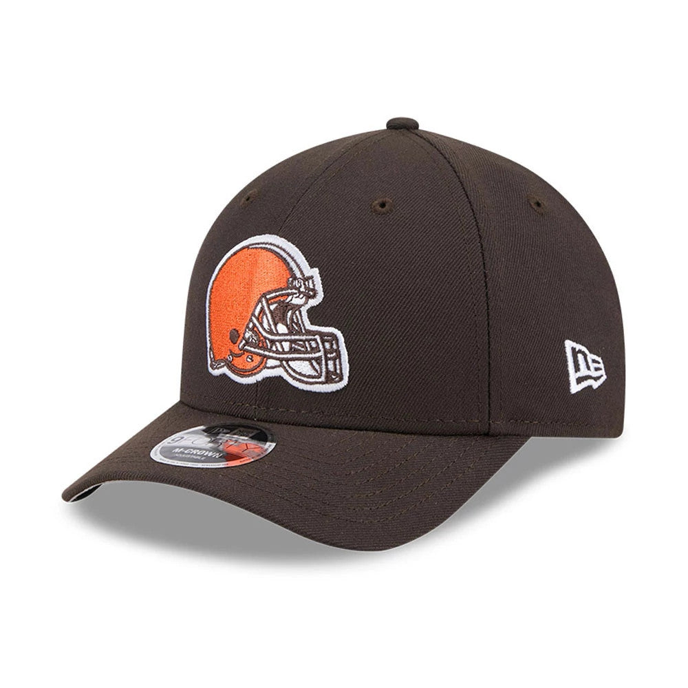 Cleveland Browns NFL Team Dark Brown New Era 9FORTY M-Crown Cap, three-quarter view showing the embroidered orange helmet logo on the front panel, a curved visor with 9FORTY size sticker, and New Era flag logo on the left side.