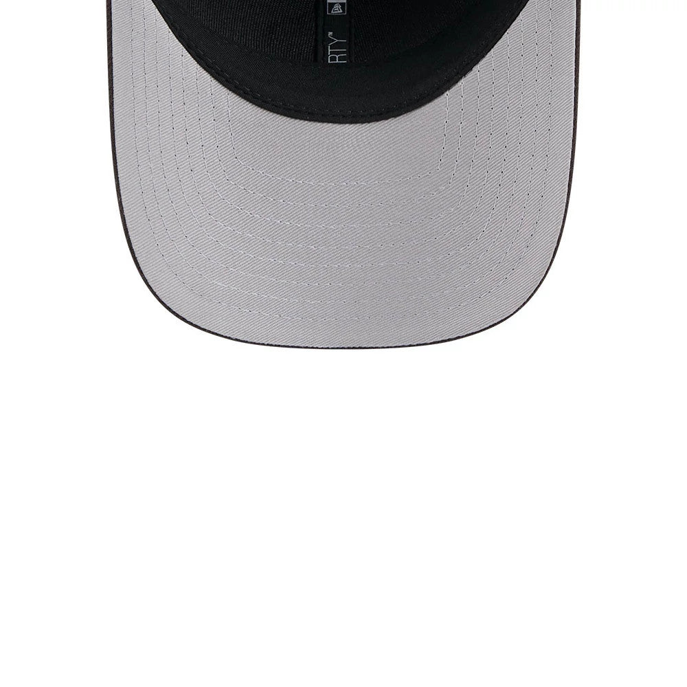 Cleveland Browns NFL Team Dark Brown New Era 9FORTY M-Crown Cap, inside view showing the black sweatband labelled with a New Era logo and 9FORTY size marker, and a contrasting light grey undervisor.