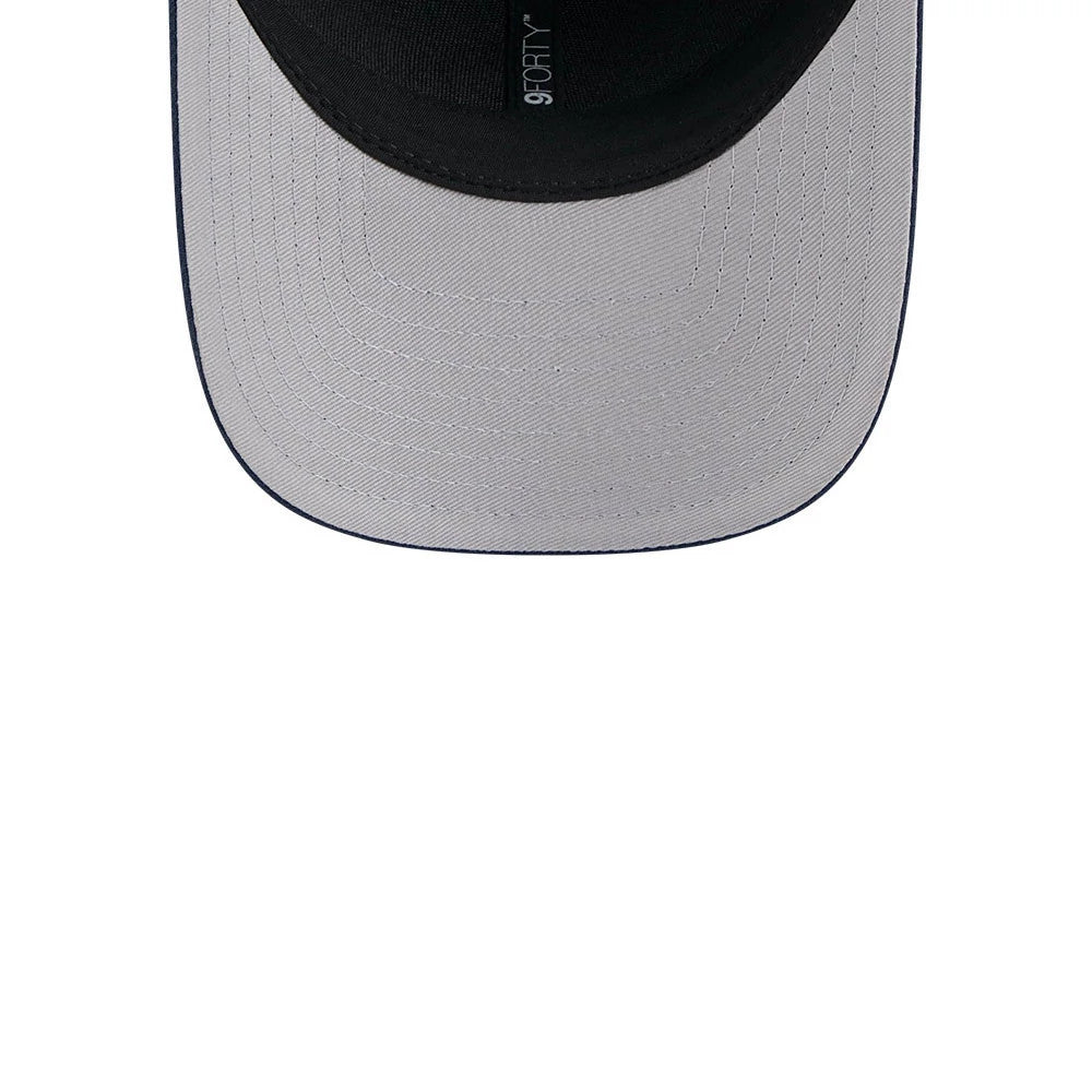 Denver Broncos NFL Team Dark Blue New Era 9FORTY M-Crown Cap, inside view showing a black sweatband with 9FORTY branding on the light grey undervisor, highlighting the internal construction details.
