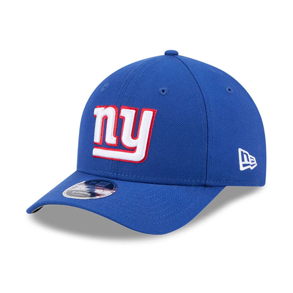 New York Giants NFL Team Blue New Era 9FORTY M-Crown Cap, front view showing raised white and red embroidered NY logo on the front panel, curved blue visor with 9FORTY size sticker, and white New Era flag logo on the left side.