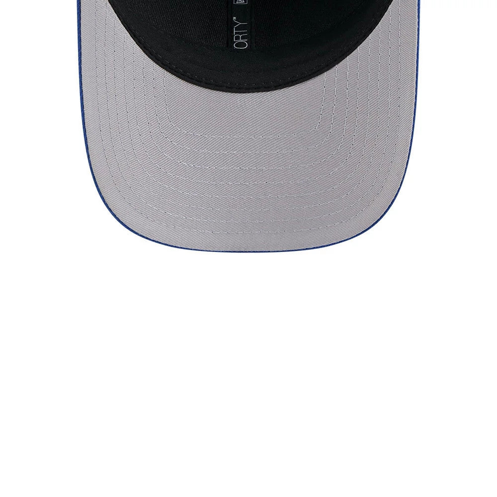 New York Giants NFL Team Blue New Era 9FORTY M-Crown Cap, inside view showing the black sweatband with 9FORTY taping, and the grey undervisor with detailed stitching across the surface.