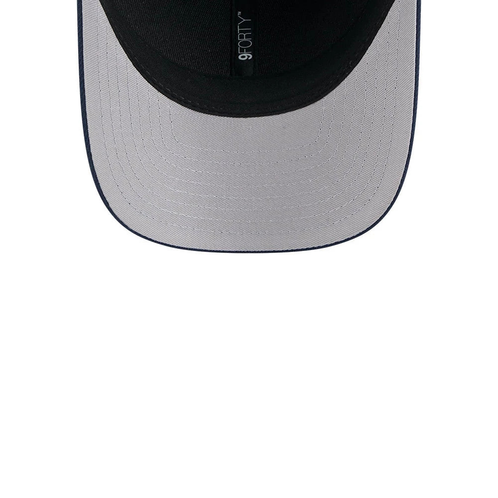 New England Patriots NFL Team Dark Blue New Era 9FORTY M-Crown Cap, inside view showing the black sweatband, grey undervisor, and 9FORTY size sticker on the underside of the visor.