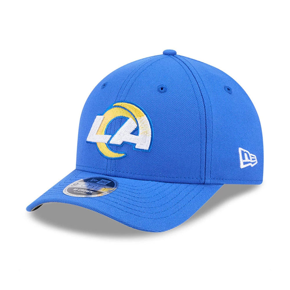 LA Rams NFL Team Bright Blue New Era 9FORTY M-Crown Cap, front view showing the white and yellow embroidered LA logo on the structured crown, with the New Era flag logo on the left side and the 9FORTY size sticker on the visor.