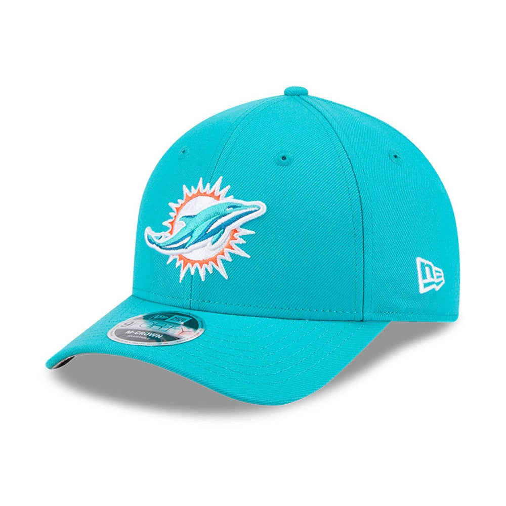 Miami Dolphins NFL Team Turquoise New Era 9FORTY M-Crown Cap, three-quarter view showing the raised embroidered Dolphins logo on the front panel, turquoise curved visor with a 9FORTY size sticker and New Era flag logo on the left side.