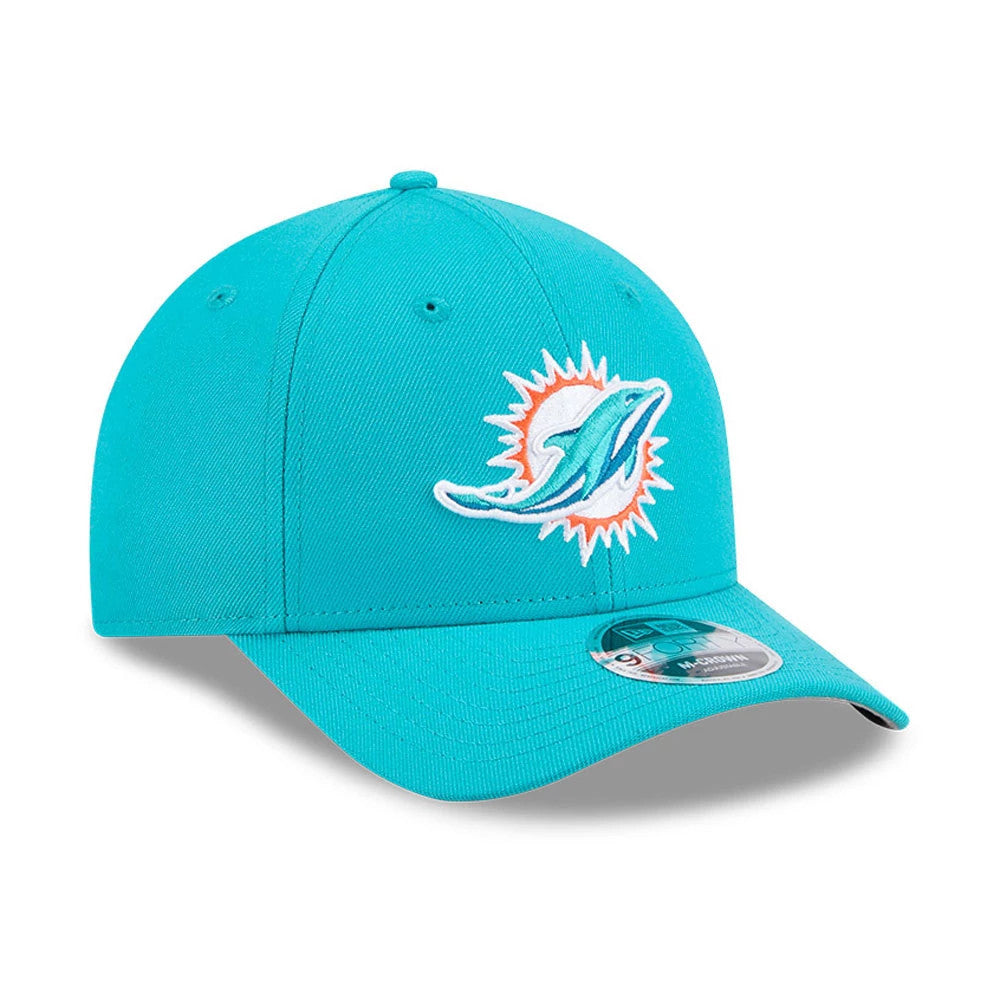 Miami Dolphins NFL Team Turquoise New Era 9FORTY M-Crown Cap, front view with orange and white embroidered Dolphin logo on the front panel, curved visor featuring a 9FORTY size sticker.