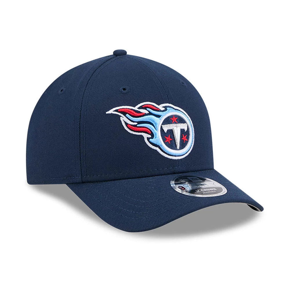 Tennessee Titans NFL Team Dark Blue New Era 9FORTY M-Crown Cap, front view showing the embroidered Titans logo on the front panel, curved dark blue visor, and 9FORTY size sticker on top of the visor.