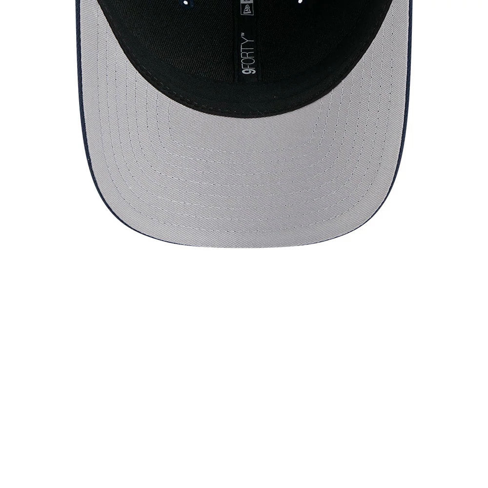 Tennessee Titans NFL Team Dark Blue New Era 9FORTY M-Crown Cap, inside view showing the black sweatband, grey undervisor, inner taping with white 9FORTY and New Era logos, and a structured design.