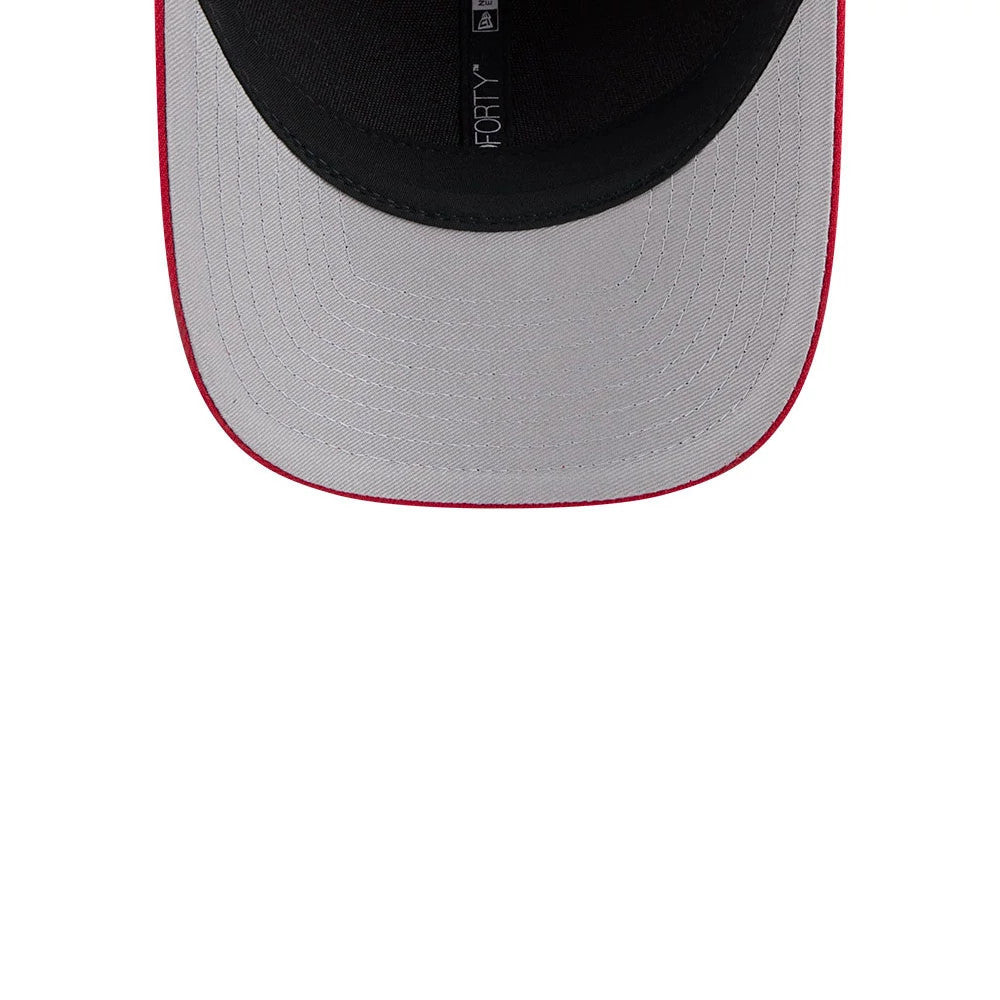 Tampa Bay Buccaneers NFL Team Red New Era 9FORTY M-Crown Cap, inside view showing black sweatband with 9FORTY stitching and grey undervisor, highlighting the red edge of the visor.