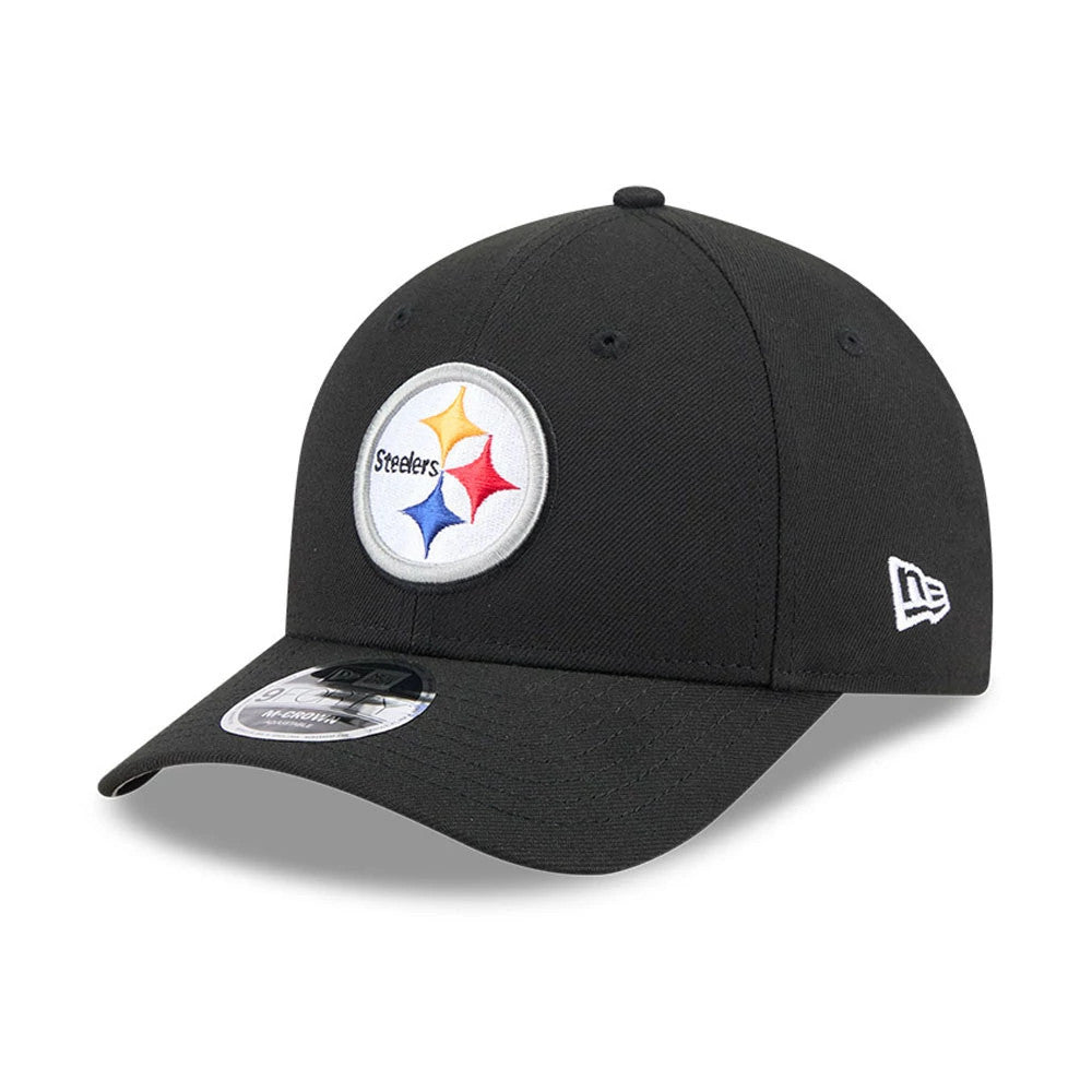 Pittsburgh Steelers NFL Team Black New Era 9FORTY M-Crown Cap, side view showing the raised embroidered team logo on the front panel, curved black visor with 9FORTY size sticker, and the New Era flag logo on the left side.