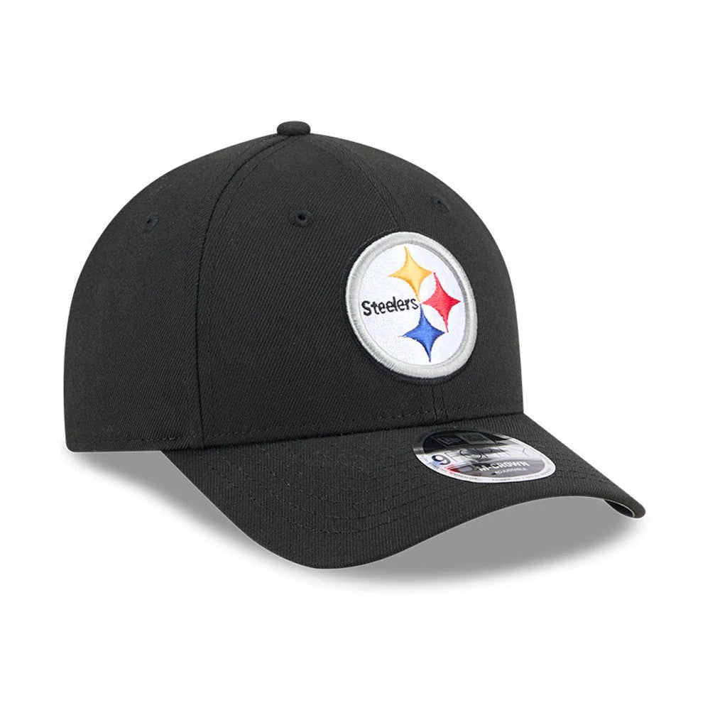 Pittsburgh Steelers NFL Team Black New Era 9FORTY M-Crown Cap, front view showing the embroidered Steelers logo on the structured black crown, with a curved black visor and 9FORTY size sticker.