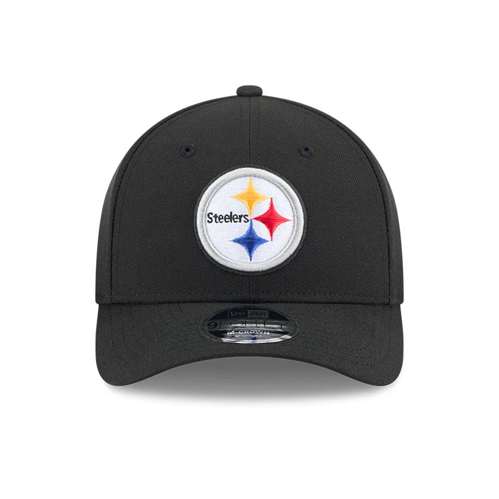 Pittsburgh Steelers NFL Team Black New Era 9FORTY M-Crown Cap, front view showing the embroidered team logo with yellow, red, and blue diamonds on the front panel, with a curved visor featuring the 9FORTY size sticker.