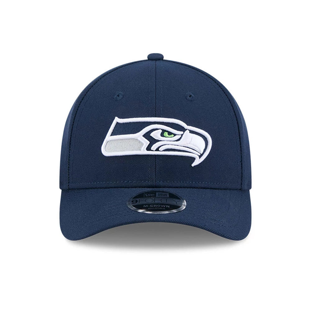 Seattle Seahawks NFL Team Dark Blue New Era 9FORTY M-Crown Cap, front view showing the white and green embroidered Seahawks logo on the front panel with a curved visor and a 9FORTY size sticker on top.