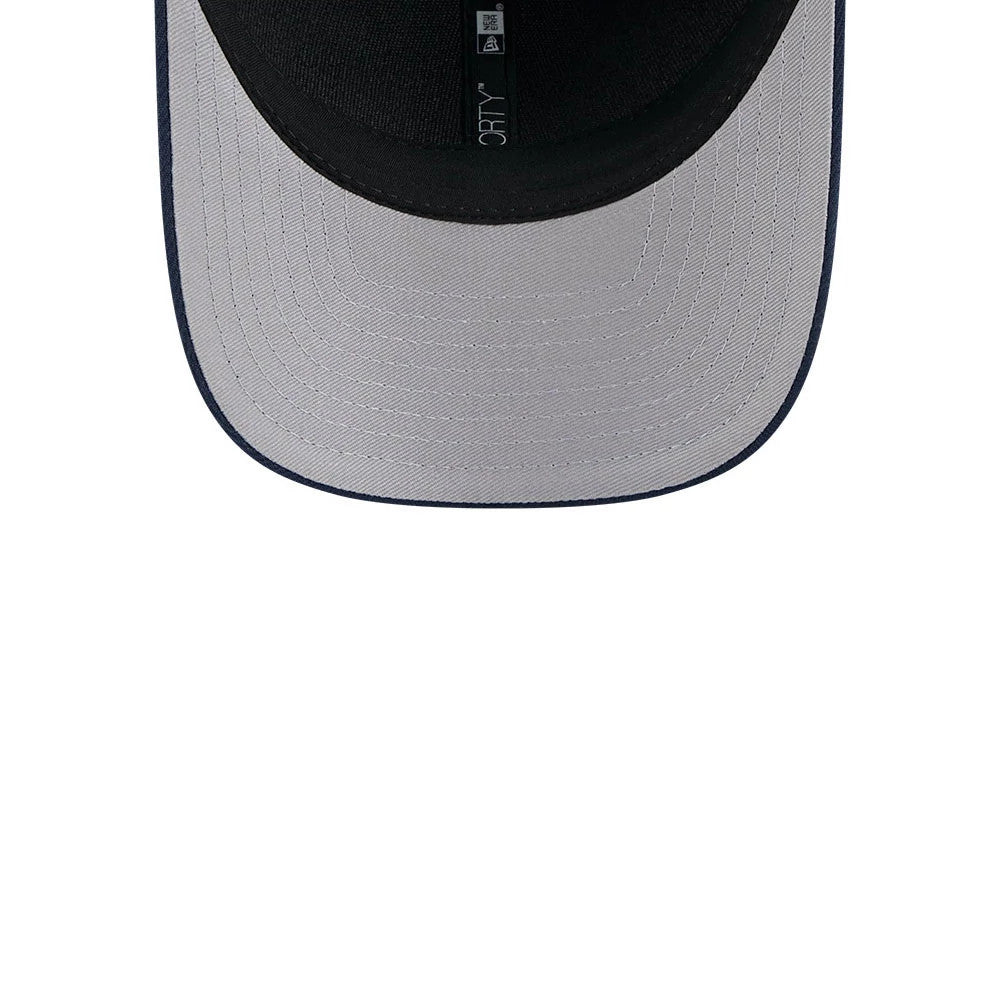 Seattle Seahawks NFL Team Dark Blue New Era 9FORTY M-Crown Cap, inside view showing the black sweatband and white taping with a 9FORTY label, plus stitching detail on the grey underside of the visor.