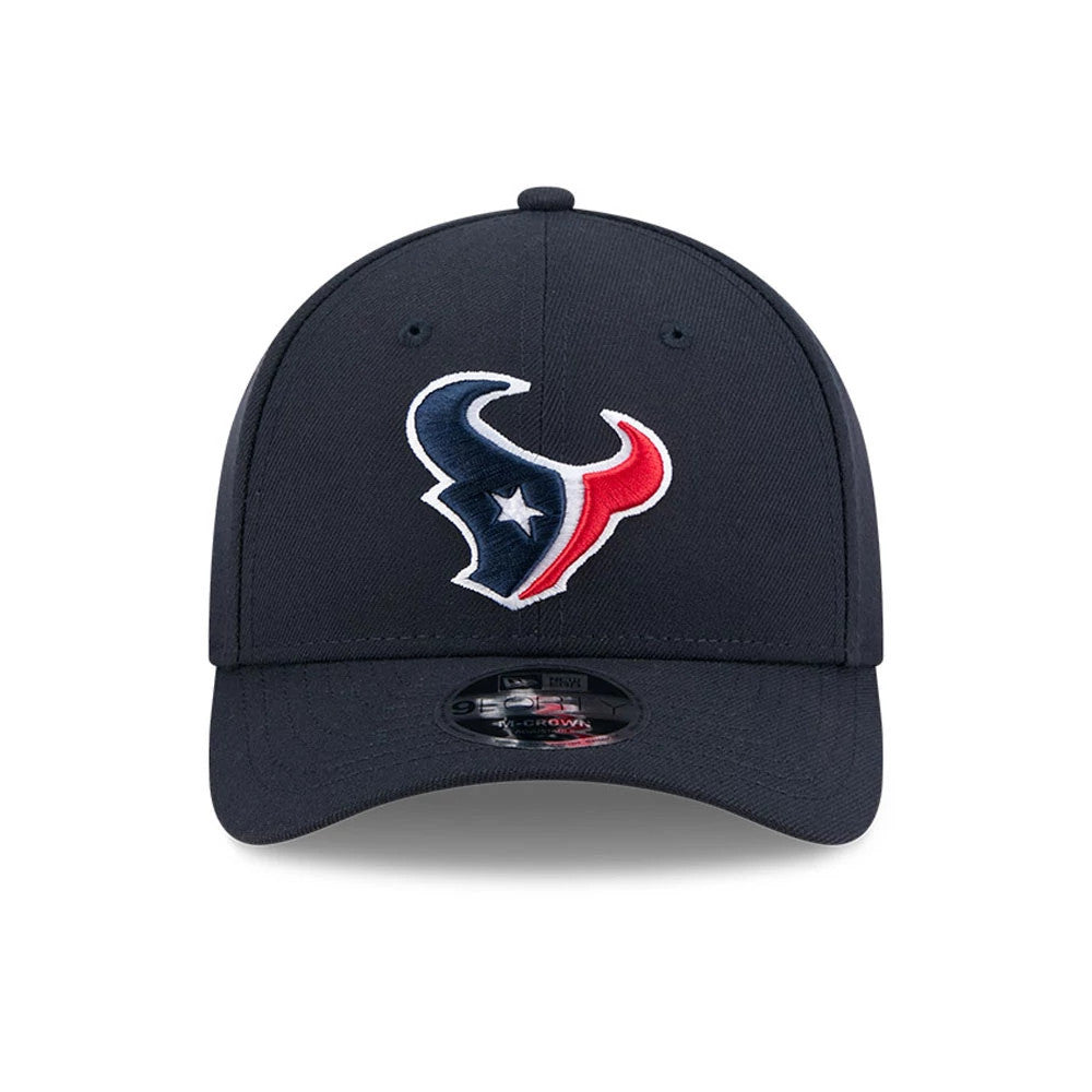 Houston Texans NFL Team Navy New Era 9FORTY M-Crown Cap, front view showing the raised embroidered red, white, and blue Texans logo on the structured navy front panel, with a 9FORTY size sticker on the curved visor.