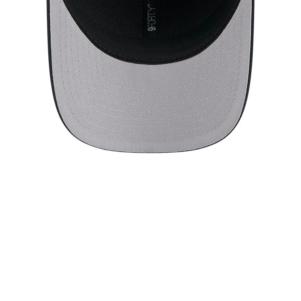 Houston Texans NFL Team Navy New Era 9FORTY M-Crown Cap, inside view showing the black sweatband and grey undervisor with a central 9FORTY size sticker on the underside of the visor.