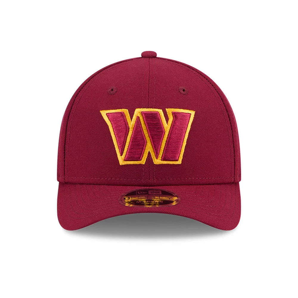 Washington Commanders NFL Team Dark Red New Era 9FORTY M-Crown Cap, front view with a raised W logo embroidered in yellow and red on the front panel, featuring a 9FORTY size sticker on the dark red visor.