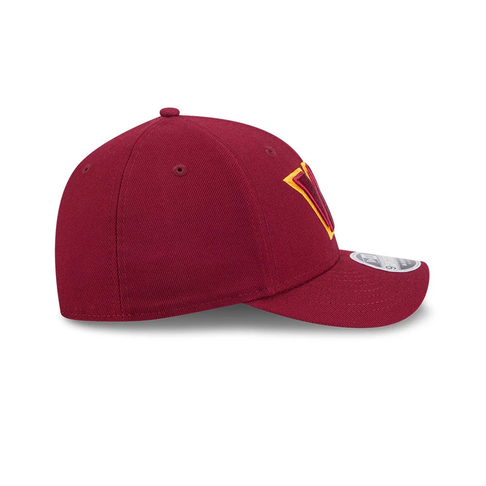 Washington Commanders NFL Team Dark Red New Era 9FORTY M-Crown Cap, side view showing the yellow and red logo embroidery on the structured dark red crown and a 9FORTY size sticker on the curved visor.