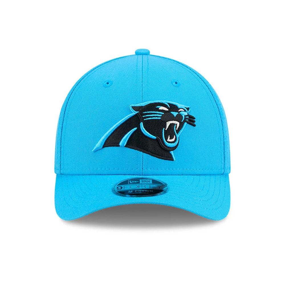 Carolina Panthers NFL Team Blue New Era 9FORTY M-Crown Cap, front view with raised black and blue embroidered panther logo on the front panel and a 9FORTY size sticker on the curved blue visor.