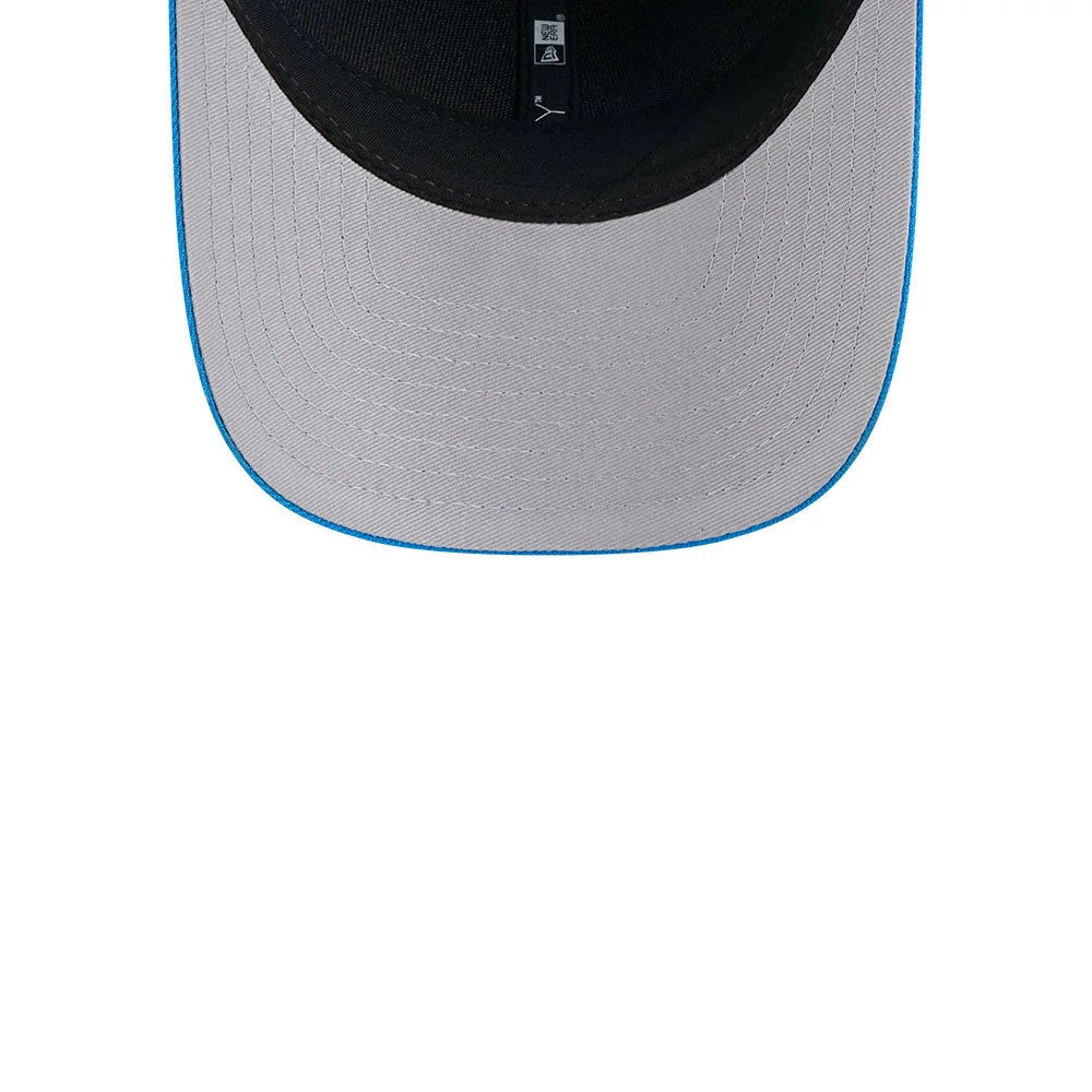 Detroit Lions NFL Team Blue New Era 9FORTY M-Crown Cap, inside view showing the grey undervisor with blue edge trim and black sweatband, featuring interior taping and a size sticker on the underside of the visor.