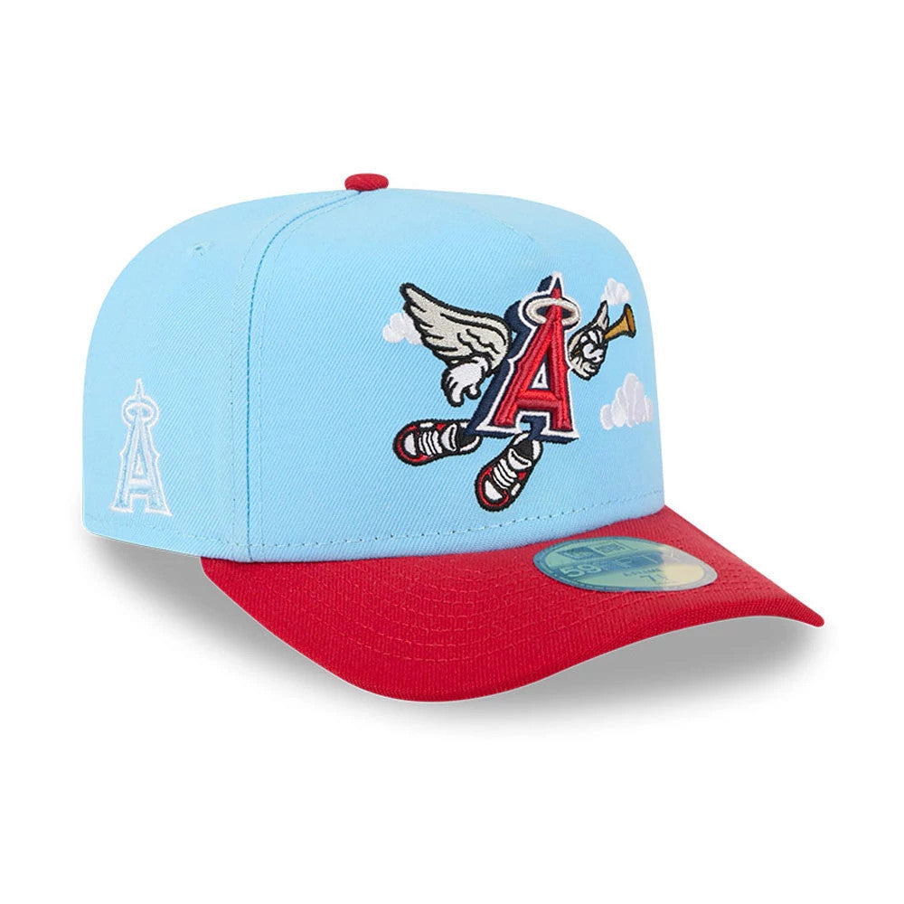 LA Angels MLB Cartoon Light Blue New Era 59FIFTY A-Frame Fitted Cap, front view showing a cartoon A logo with wings embroidered on the structured light blue crown, with red visor and 59FIFTY size sticker.