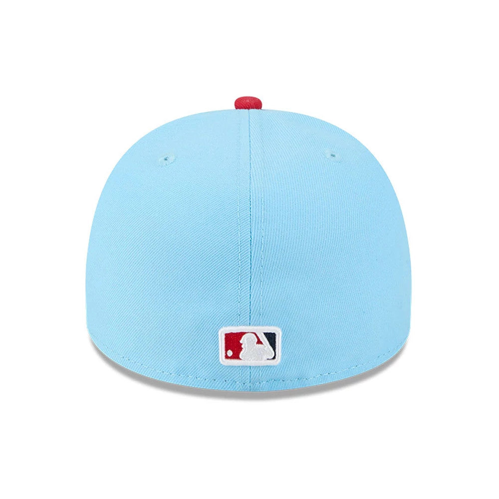 LA Angels MLB Cartoon Light Blue New Era 59FIFTY A-Frame Fitted Cap, rear view showing the white embroidered MLB Batterman logo at the centre back of the light blue crown, topped with a red top button.