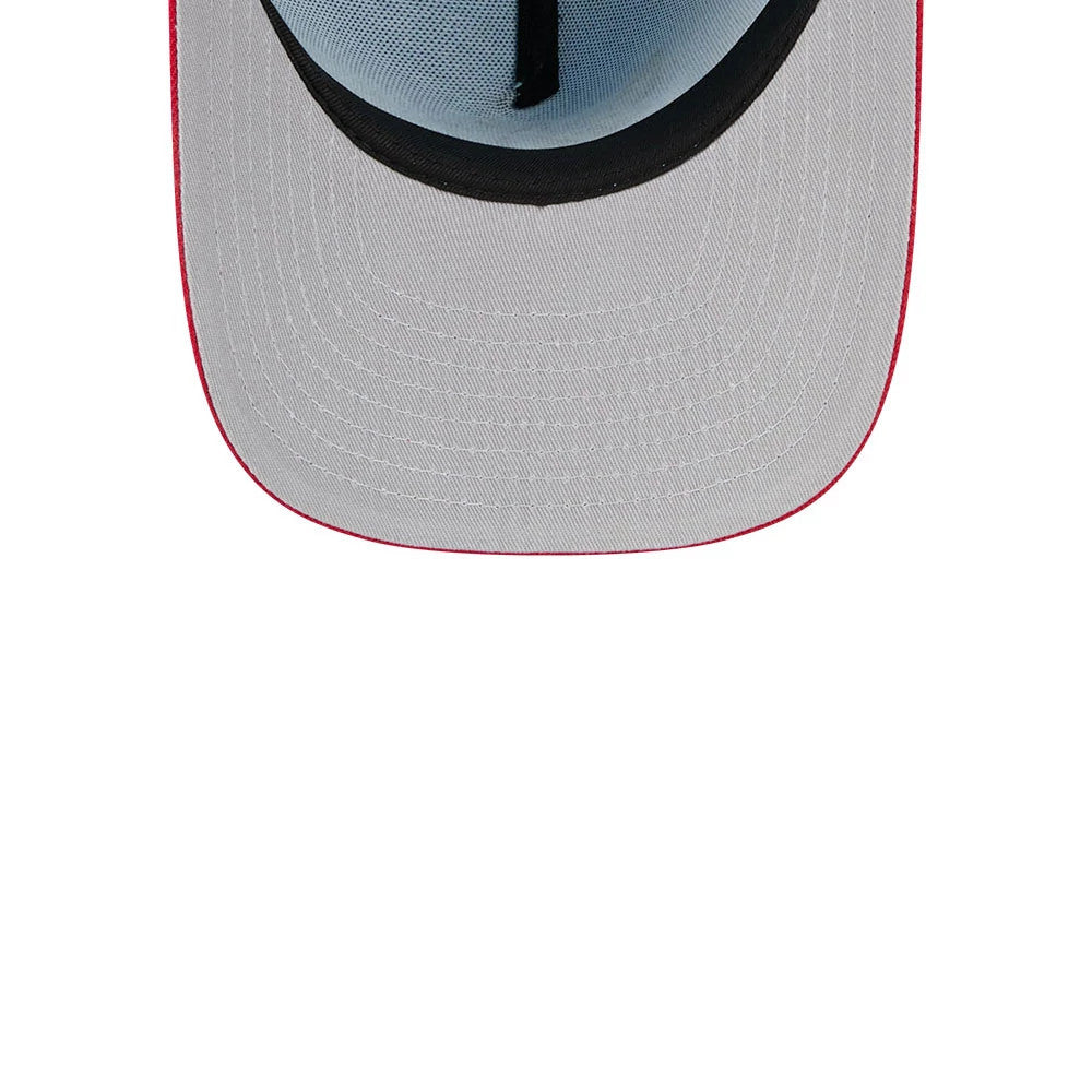 LA Angels MLB Cartoon Light Blue New Era 59FIFTY A-Frame Fitted Cap, inside view showing a black sweatband and grey undervisor with detailed stitching, set against a light blue fabric with black taping for structural support.