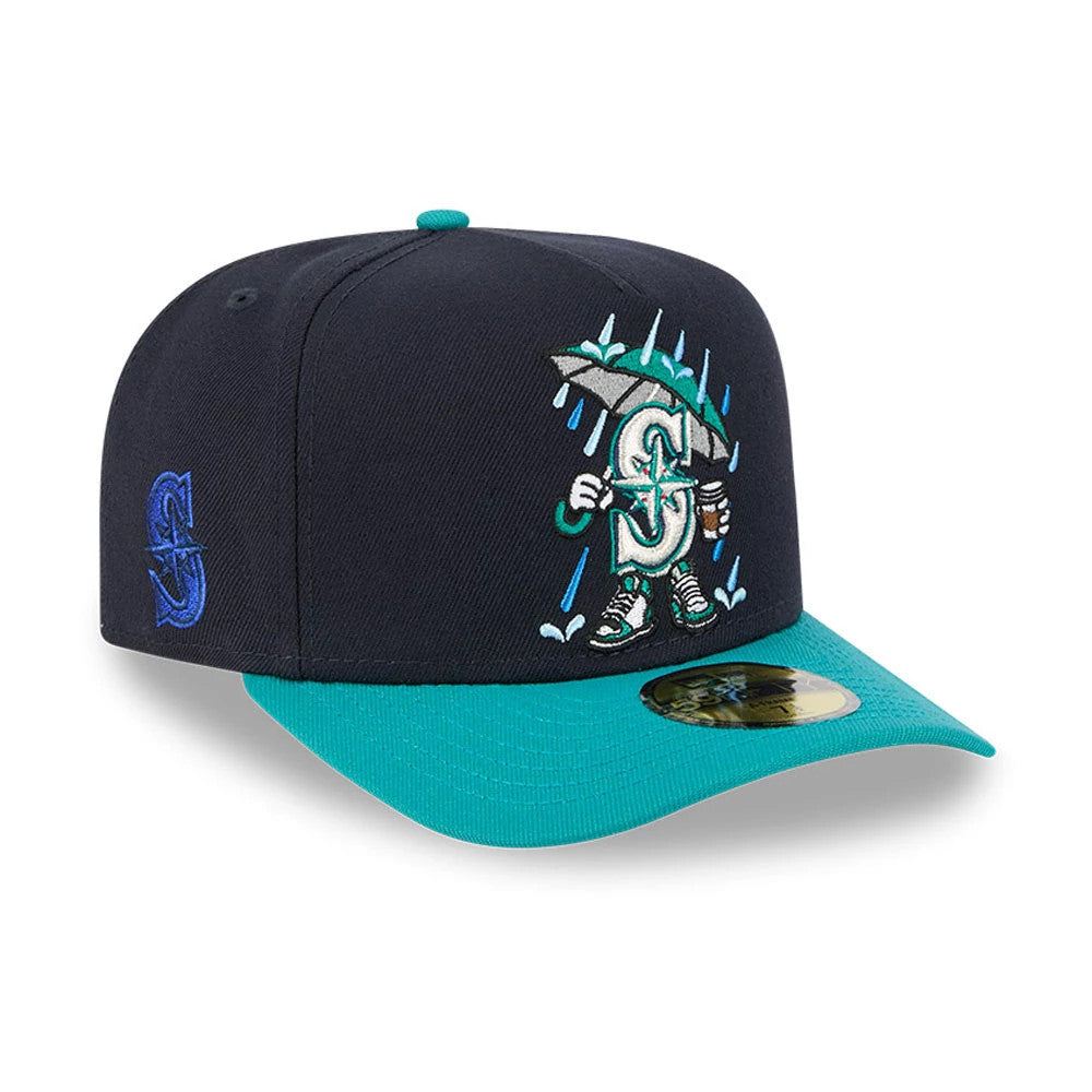 Seattle Mariners MLB Cartoon Navy New Era 59FIFTY A-Frame Fitted Cap, three-quarter view with a cartoon front panel logo in teal and white embroidery, teal visor, navy crown, gold 59FIFTY size sticker, and blue side logo.