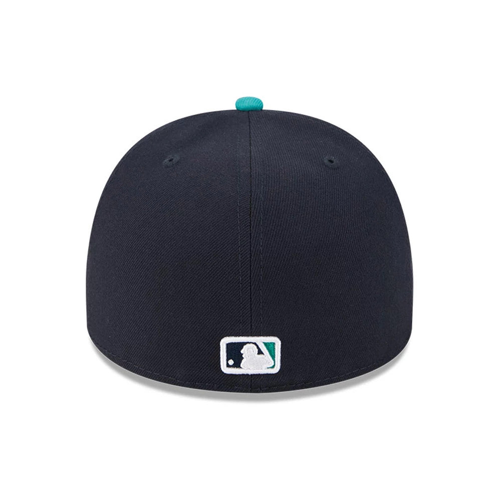 Seattle Mariners MLB Cartoon Navy New Era 59FIFTY A-Frame Fitted Cap, rear view showing the white embroidered MLB Batterman logo centred on the back panels below a teal top button.