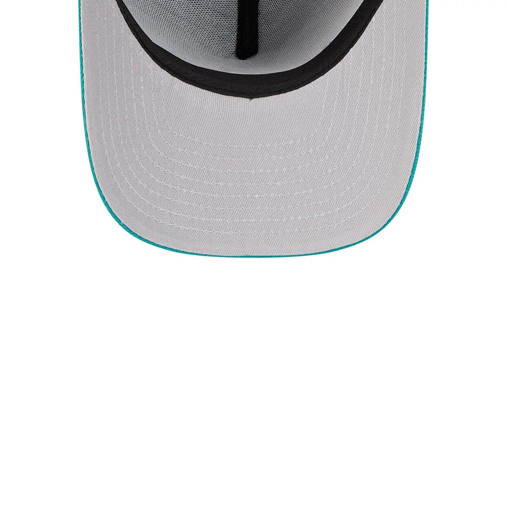 Seattle Mariners MLB Cartoon Navy New Era 59FIFTY A-Frame Fitted Cap, inside view showing the grey undervisor with teal edge, black inner taping running along the seams, and black sweatband at the base of the structured interior crown.