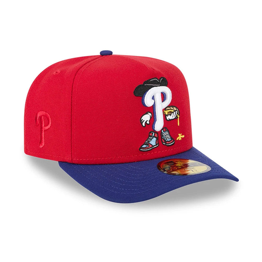 Philadelphia Phillies MLB Cartoon Red New Era 59FIFTY A-Frame Fitted Cap, three-quarter view showing the embroidered character with a script P on the front panel, blue visor with a gold 59FIFTY size sticker, and small P logo on the left side.