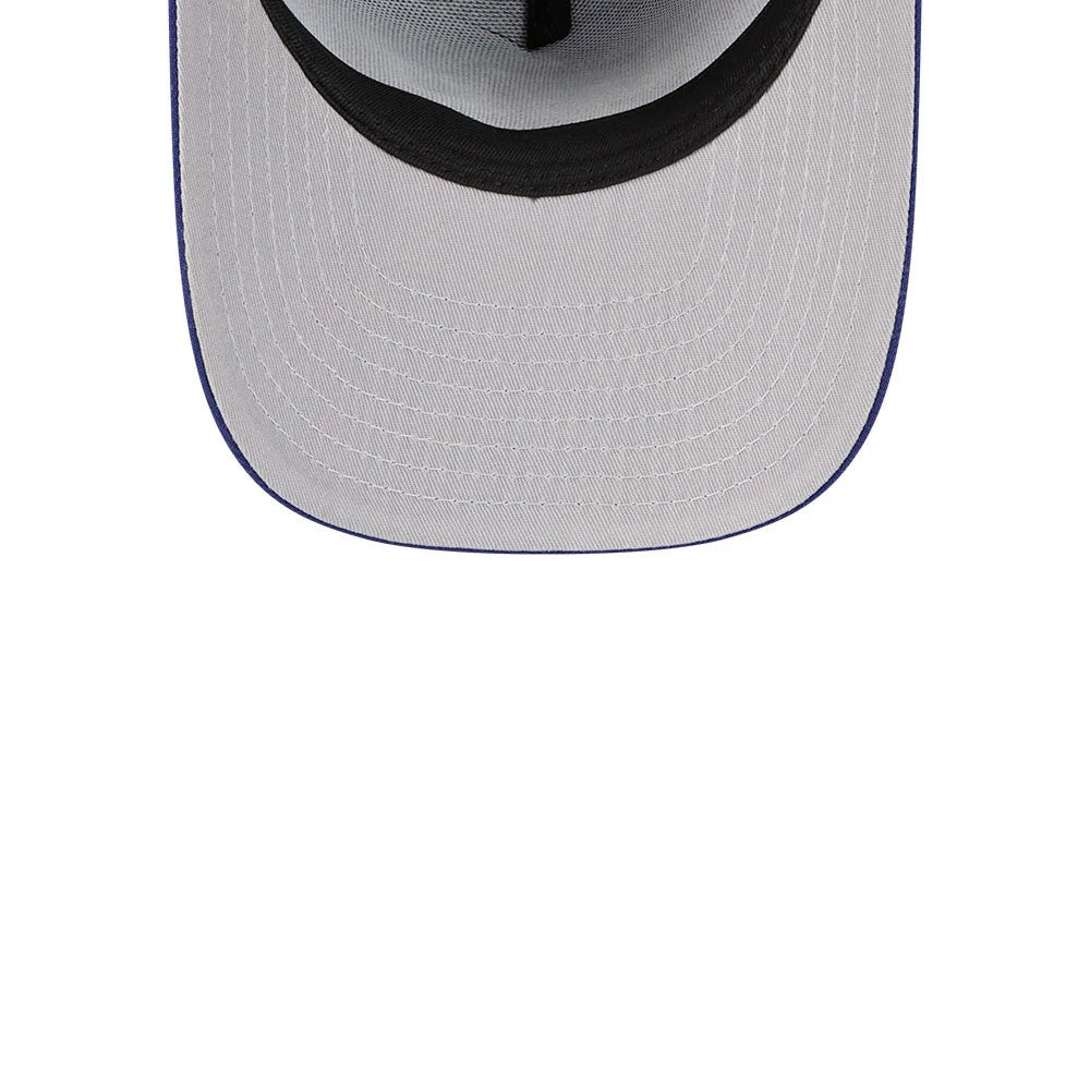 LA Dodgers MLB Cartoon Dark Blue New Era 59FIFTY A-Frame Fitted Cap, inside view showing grey undervisor with black taping along the seams and a black sweatband lining the interior of the structured dark blue crown.