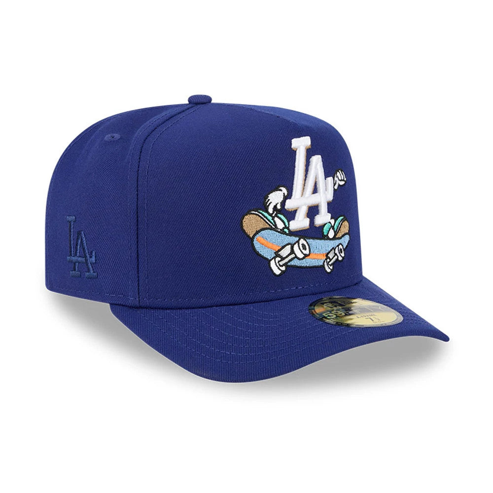 LA Dodgers MLB Cartoon Dark Blue New Era 59FIFTY A-Frame Fitted Cap, three-quarter view with a white embroidered LA logo and cartoon skater on the front panel, dark blue structured crown, and gold 59FIFTY size sticker on the visor.