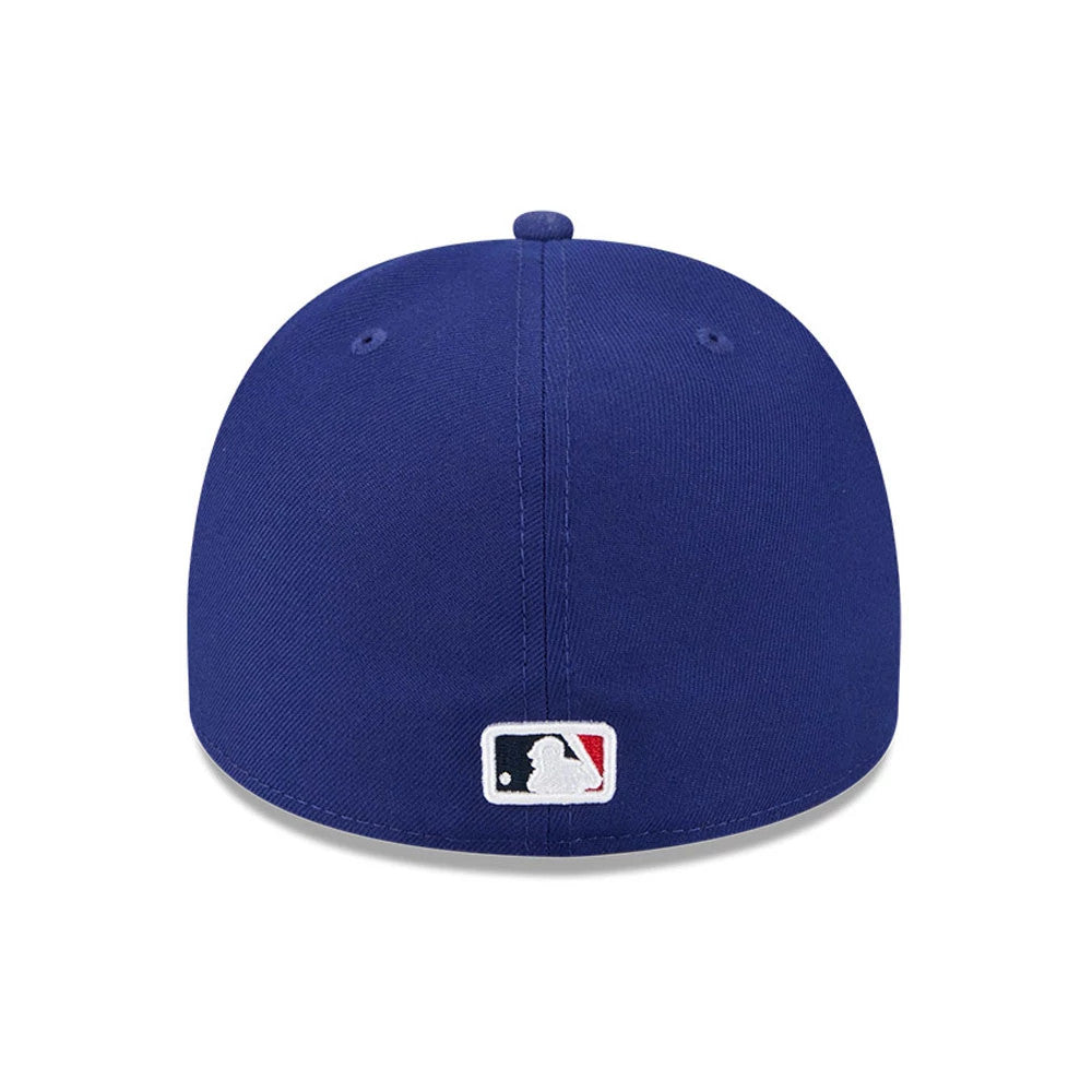 LA Dodgers MLB Cartoon Dark Blue New Era 59FIFTY A-Frame Fitted Cap, rear view showing the white embroidered MLB Batterman logo centred on the back panels, highlighting the structured dark blue crown and top button.